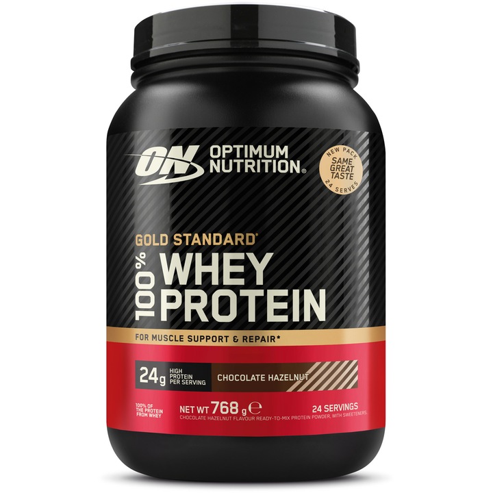 Proteine din zer, pudra proteica Optimum Nutrition, ON 100% Whey Gold Standard, aroma ciocolata alune de padure,768g