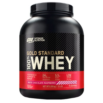 Proteine din zer, pudra proteica, Optimum Nutrition ON 100% Whey Gold Standard protein, ciocolata alba si zmeura, 2.27 kg