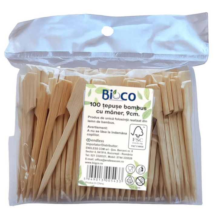 Set 100 scobitori cu maner, din lemn de bambus, lungime 9 cm