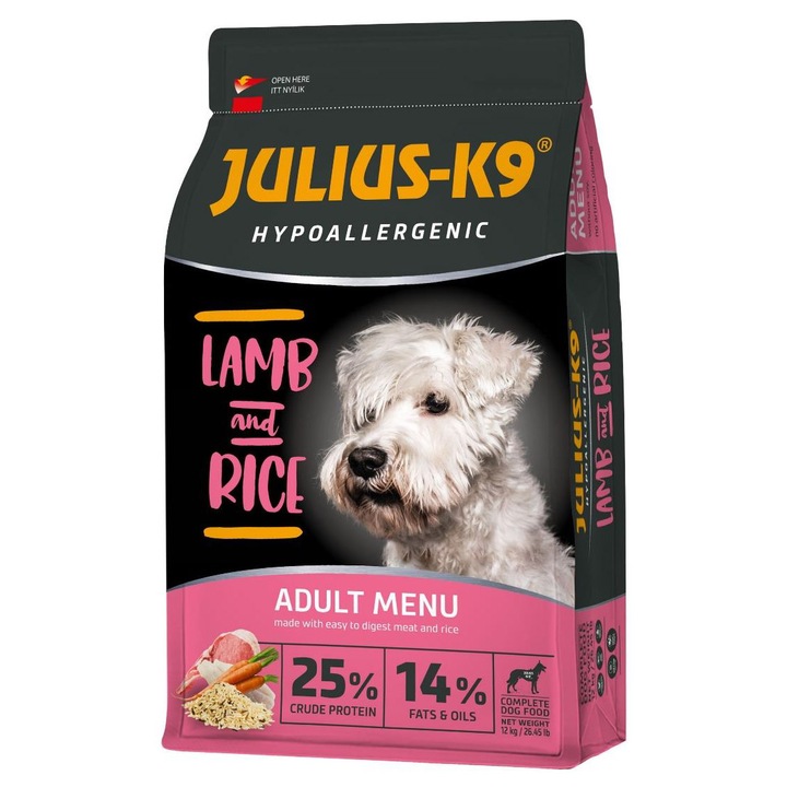 Hrana uscata pentru caini Julius K-9 Adult Hypoallergenic, Miel & Orez, 12Kg