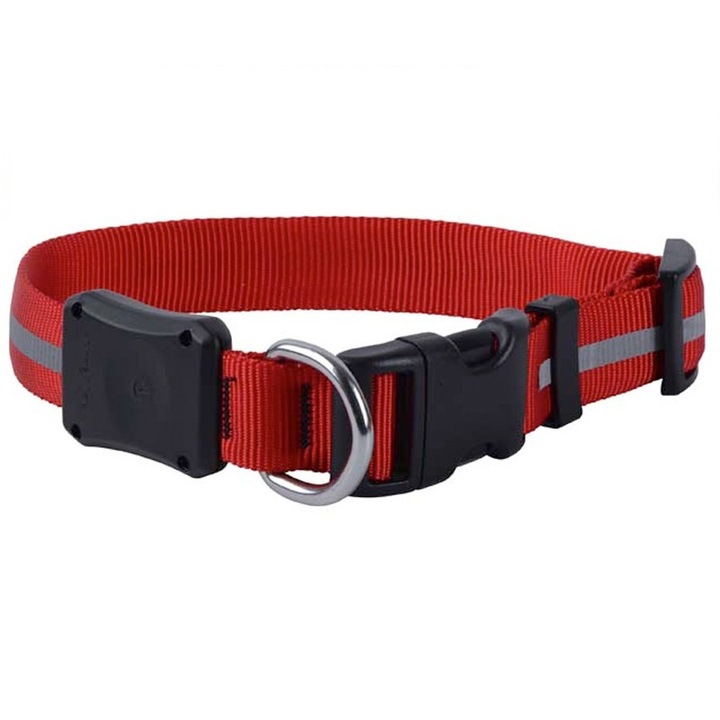 Zgarda caini reincarcabila USB cu LED, marime L, reglabila intre 45 - 53 cm, latime 2,5 cm, culoare rosie