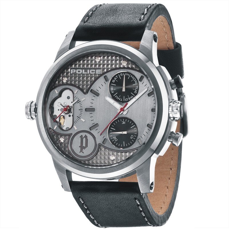 Ceas Police PL14376JSU61, Dual Time, carcasa 50mm, curea neagra piele