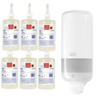 Sapun lichid dezinfectant, Tork S1 409801, 1L, 6buc/bax si Dozator de sapun lichid si spray Tork S1 560000, culoarea alb Sapun lichid dezinfectant, Tork S1 409801, 1L, 6buc/bax si Dozator de sapun lichid si spray Tork S1 560000, culoarea alb