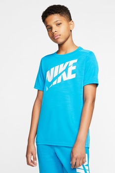 Nike, Tricou cu imprimeu logo, pentru fitness, Albastru/Alb optic Nike, Tricou cu imprimeu logo, pentru fitness, Albastru/Alb optic