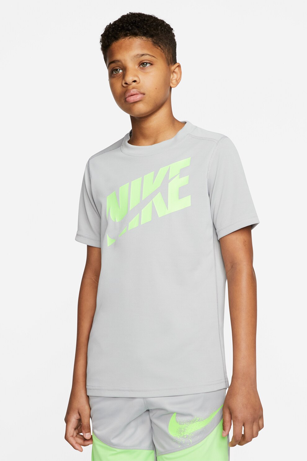Nike, Tricou cu imprimeu logo, pentru fitness, Gri deschis/Verde menta