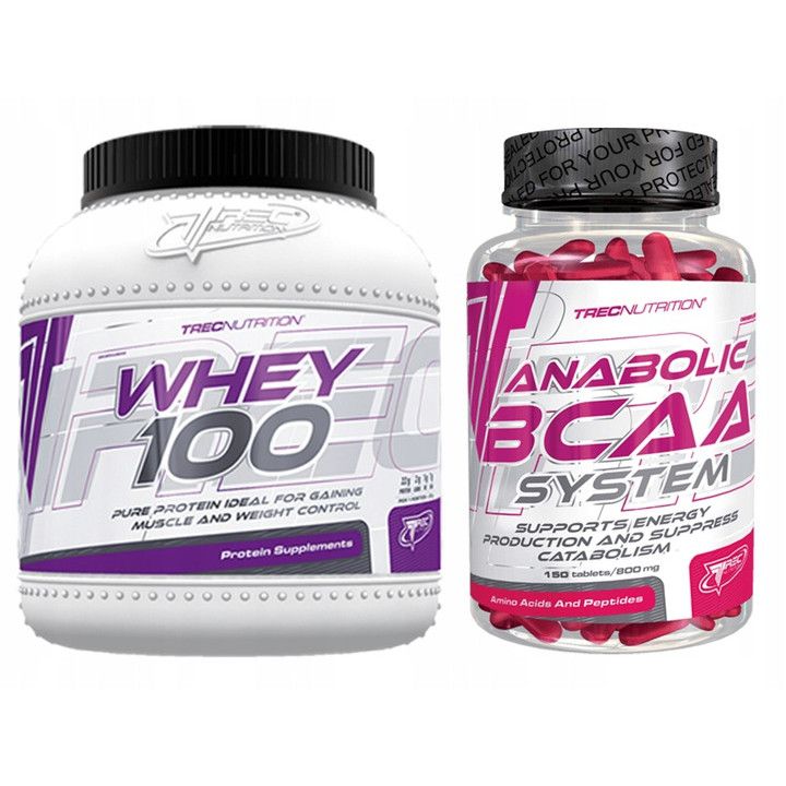 Kit supliment proteic, Trec Nutrition, Whey 100 Vanilie1500 g si TREC ANABOLIC BCAA SYSTEM 150 capsule