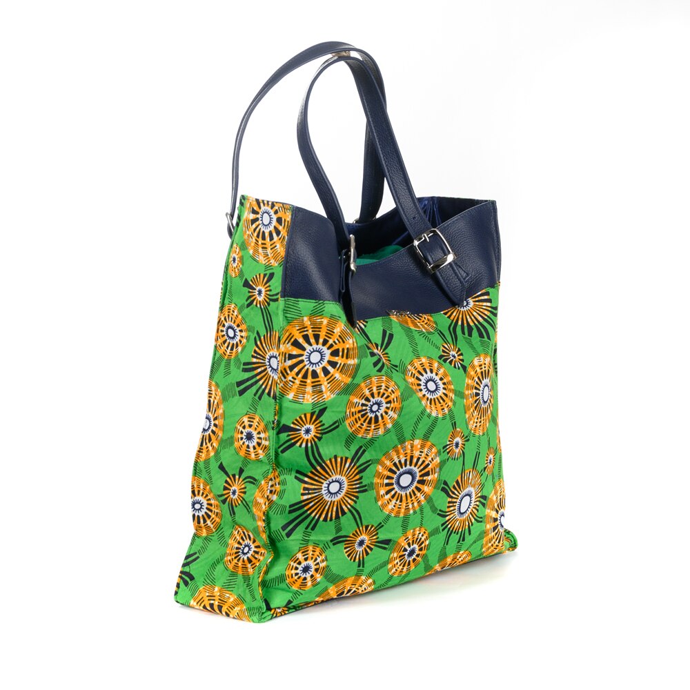 Geanta Motema Isabelle, verde/albastru, piele naturala, 39x39x10 cm