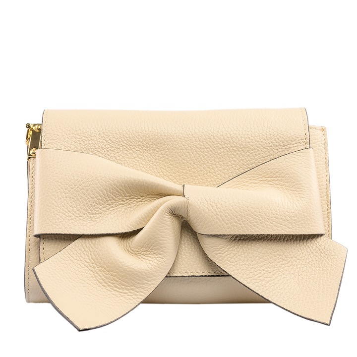 Дамска чанта, кожа, Toro Nero, Bow flower beige