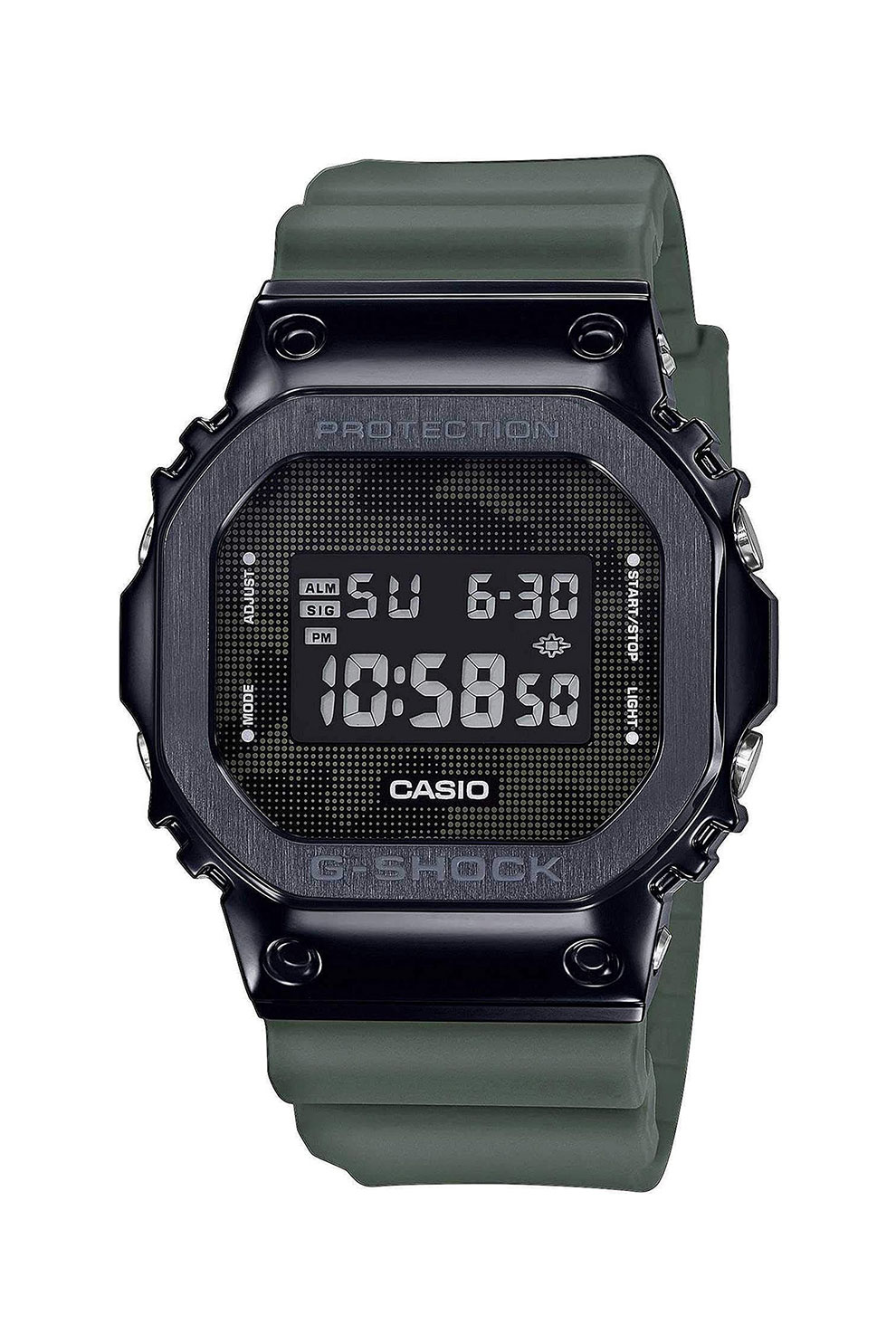 Casio, Ceas digital cronograf cu lumina de fundal G-Shock, Verde militar inchis/Negru