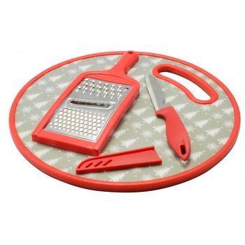 Set tocator din plastic cu cutit si razator, design Craciun, Perfect Home Set tocator din plastic cu cutit si razator, design Craciun, Perfect Home