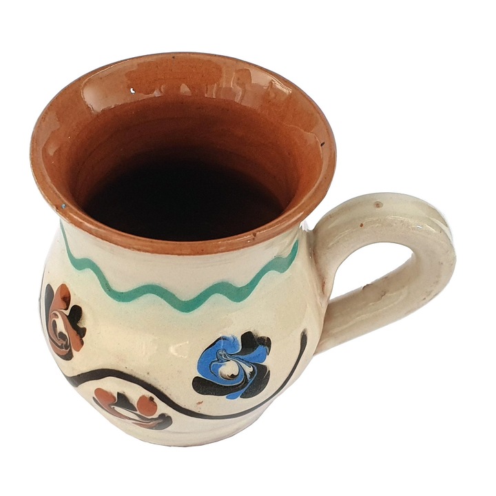 Ceasca de tuica, din ceramica de Horezu, cu toarta, motiv popular Boboci, alb, 50 ml