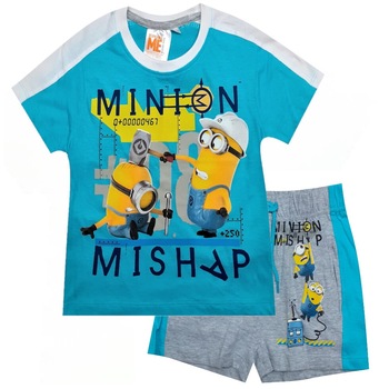 Set 2 piese, tricou si pantalon scurt, Minions, Alb/Bleumarin, Albastru/Gri Set 2 piese, tricou si pantalon scurt, Minions, Alb/Bleumarin, Albastru/Gri