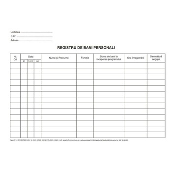 Registru de Bani Personali A4, 100 File/Carnet - Formular Tipizat de Gestiune Registru de Bani Personali A4, 100 File/Carnet - Formular Tipizat de Gestiune