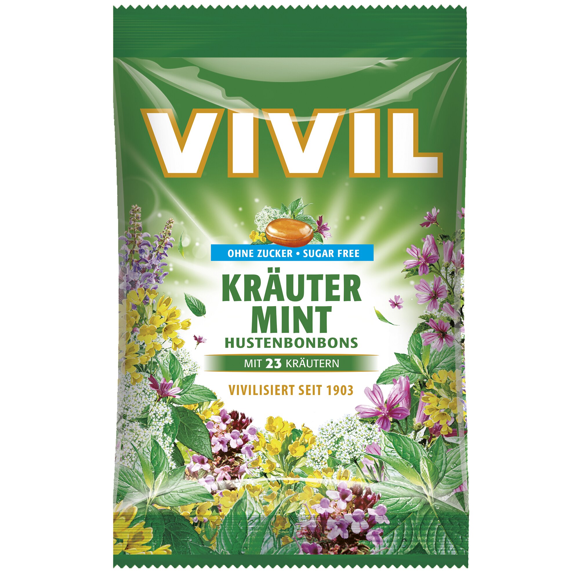 Bomboane fara zahar cu aroma de plante naturale si menta Vivil, 60g