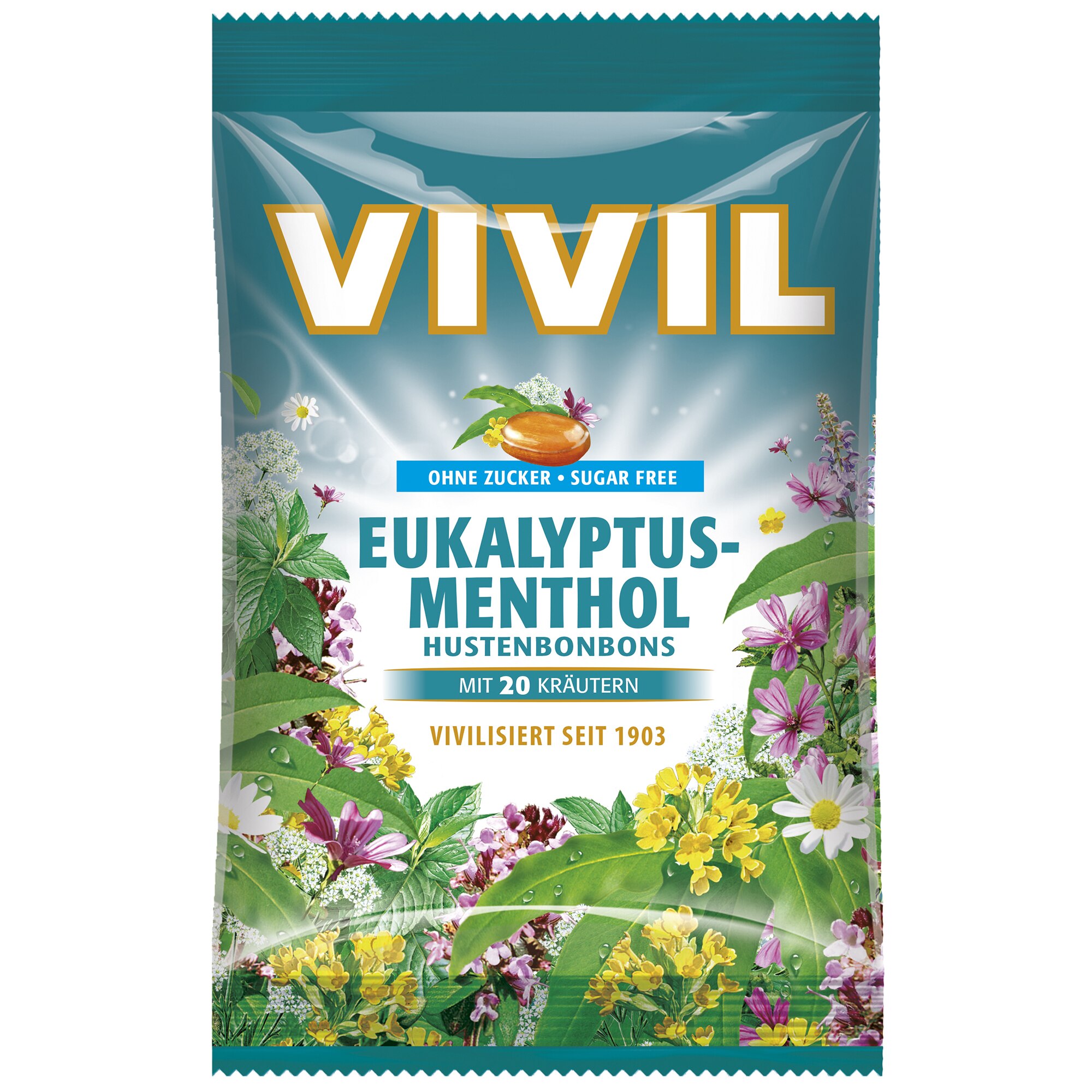 Bomboane fara zahar cu aroma de eucalipt si mentol Vivil, 60g