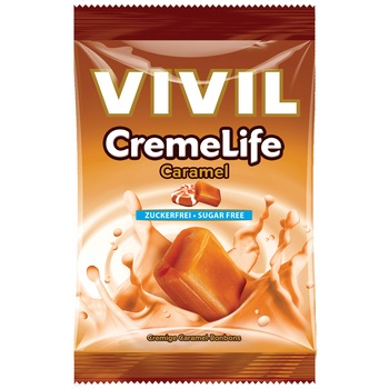 Bomboane cremoase fara zahar cu aroma de caramel Vivil, 110g Bomboane cremoase fara zahar cu aroma de caramel Vivil, 110g