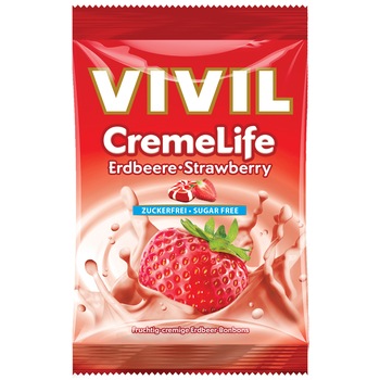 Bomboane cremoase fara zahar cu aroma de capsuni Vivil, 110g Bomboane cremoase fara zahar cu aroma de capsuni Vivil, 110g