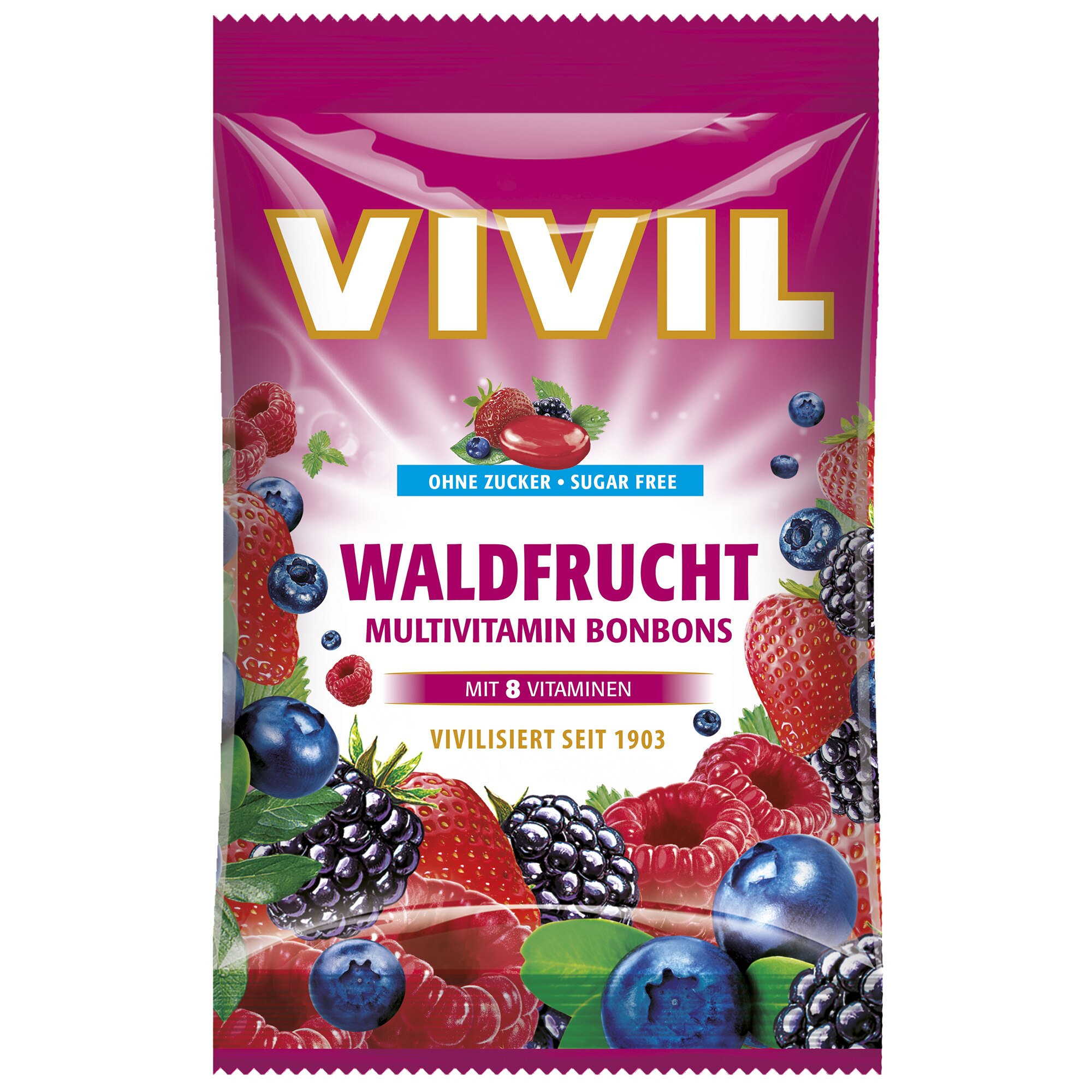 Bomboane fara zahar cu aroma de fructe de padure Multivitamine Vivil, 60g