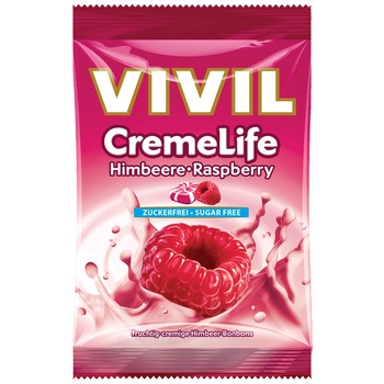 Bomboane cremoase fara zahar cu aroma de zmeura Vivil, 110g Bomboane cremoase fara zahar cu aroma de zmeura Vivil, 110g