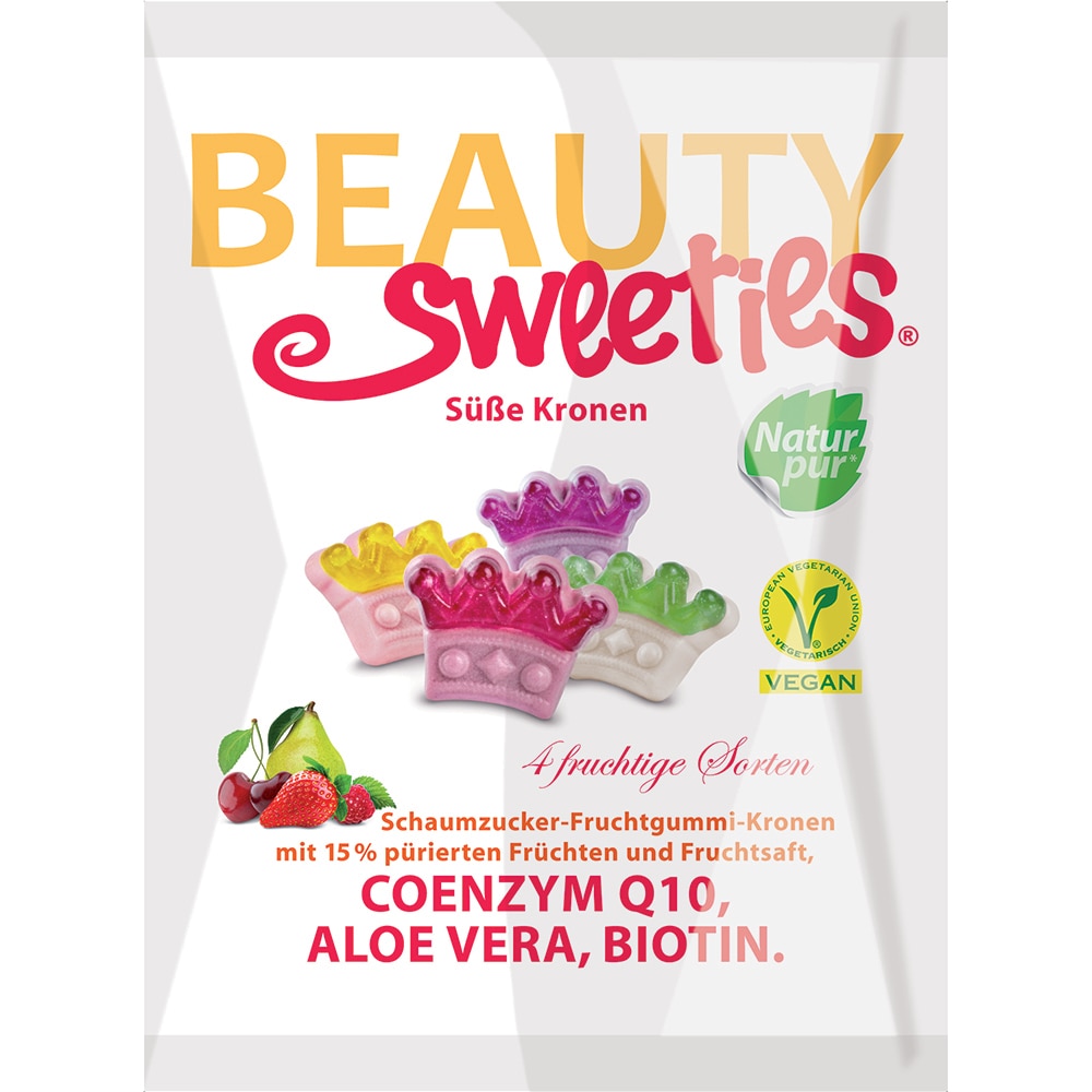 Jeleuri gumate moi cu 15% piure si suc din fructe, coenzima Q10, aloe vera si biotina Beauty Sweeties, 125g