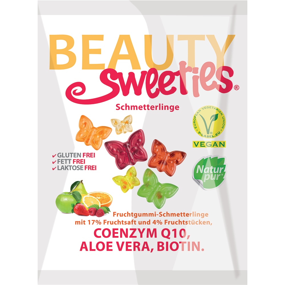 Jeleuri gumate moi cu 17% suc din fructe si 4% bucati de fructe, coenzima Q10, aloe vera si biotina Beauty Sweeties, 125g