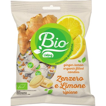 Bomboane fara gluten cu sirop de lamaie si ghimbir BIO Liking, 90g Bomboane fara gluten cu sirop de lamaie si ghimbir BIO Liking, 90g