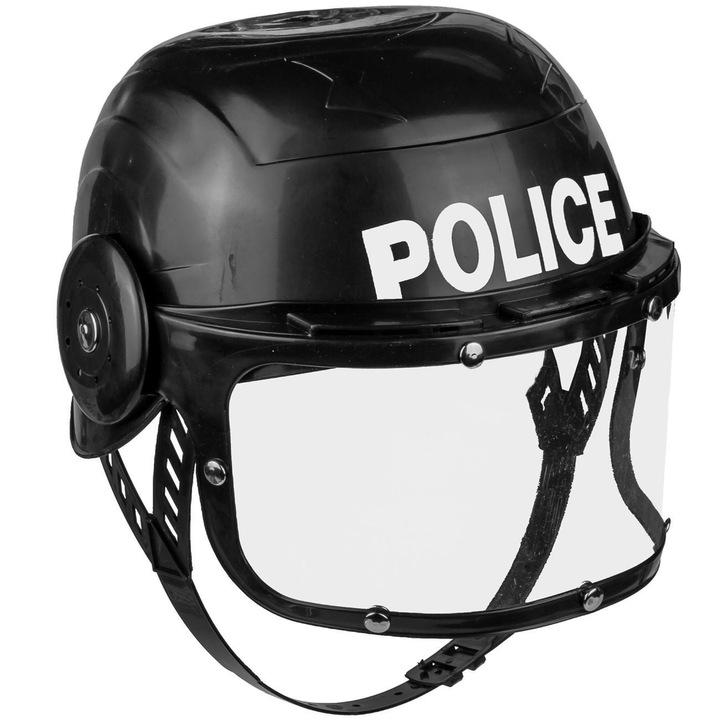 Casca neagra de politie sau jandarmi, cu geam de protectie, din plastic, pentru copii, + 3 ani, ATS