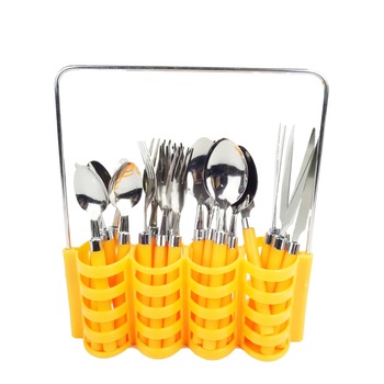 Set tacamuri metalice cu suport din pvc, Liliac, portocaliu Argintiu, 24 buc Set tacamuri metalice cu suport din pvc, Liliac, portocaliu Argintiu, 24 buc