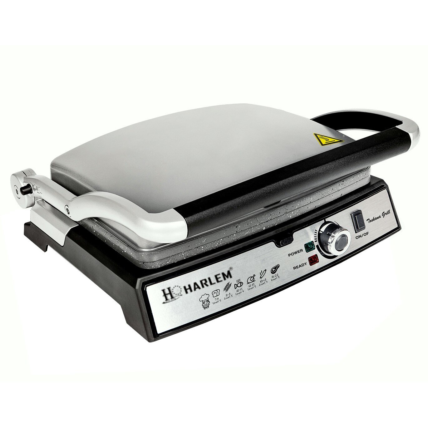 Grill electric si toaster cu termostat Harlem® Toskana , Deschidere 180 grade, Placi gatire detasabile cu suprafata antiaderenta, 5 trepte de temperatura, Dimensiuni 34X32X14 cm, Putere 2000W, Gri