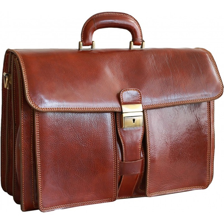 Geanta laptop din piele naturala, coniac, util land, LLS131A