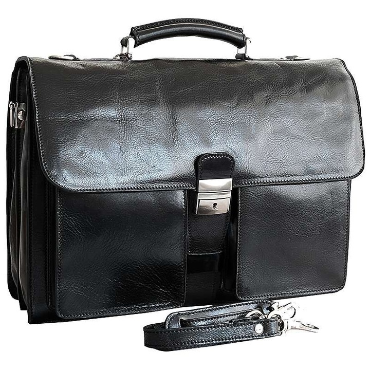 Geanta laptop din piele naturala, util land, neagra, LS134