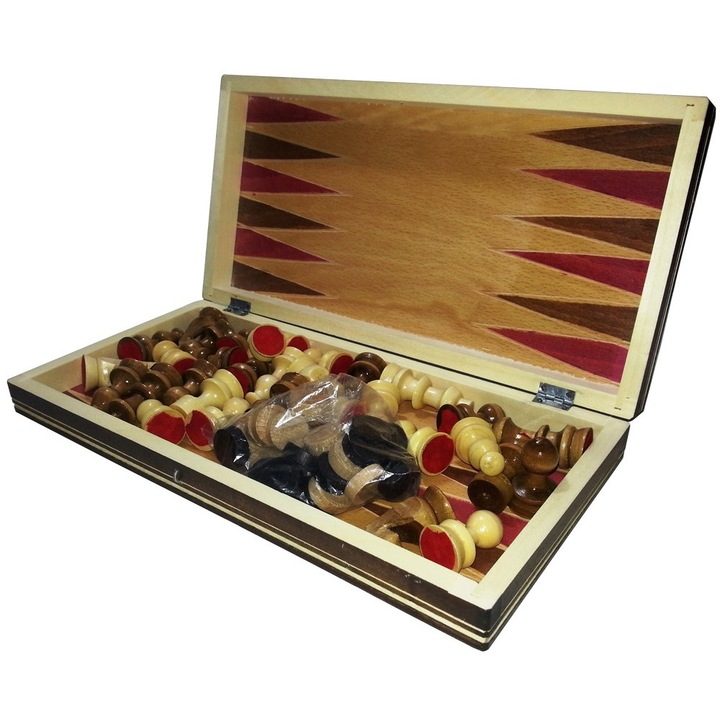 Joc sah si table ART in cutie din lemn cu piese din lemn masiv lacuit,dimensiuni 33x16x4,5