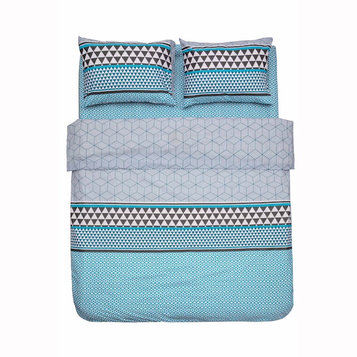 Спален комплект Heinner Home, 2 лица, 100% памук 132 TC, Плик за завивка 180x215 см, Чаршаф 200x220 см, 2 калъфки за възглавници 50x70 см, 4 части, Геометричен принт, Син/Черен