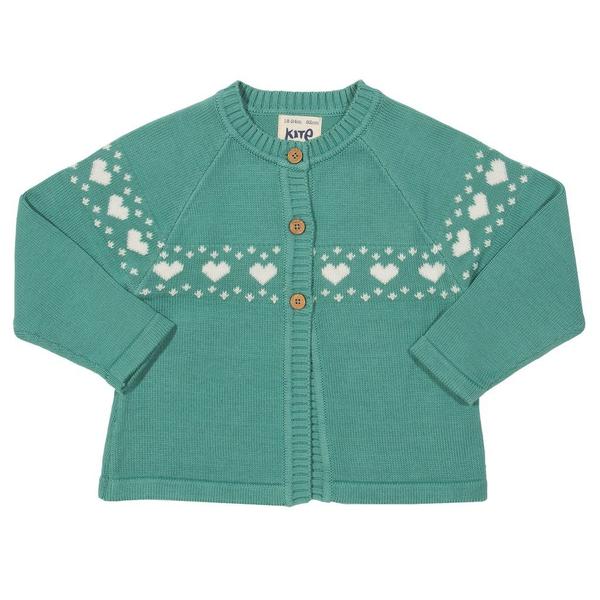 Cardigan tricotat pentru bebeluse, verde marin, model inimioare
