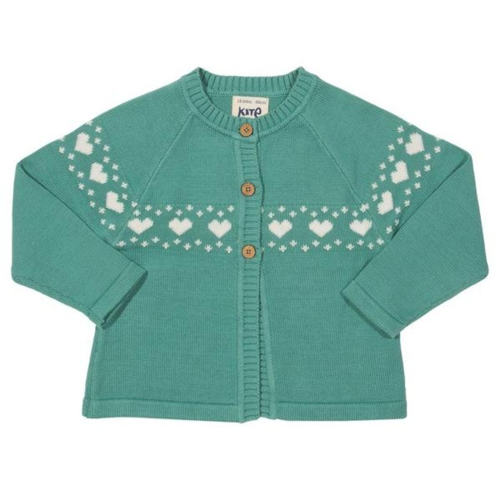 Cardigan tricotat pentru bebeluse, verde marin, model inimioare