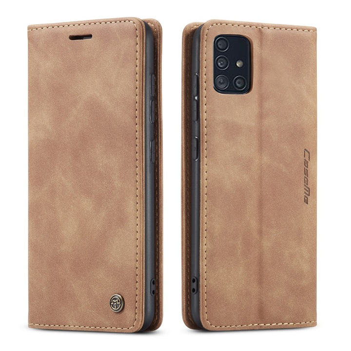 Husa pentru Samsung Galaxy A51, CaseMe, slim piele, tip portofel, stand, inchidere magnetica, textura catifelata, Maro