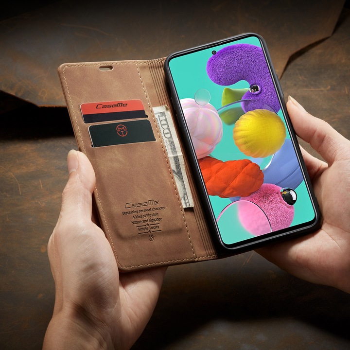 Husa pentru Samsung Galaxy A51, CaseMe, slim piele, tip portofel, stand, inchidere magnetica, textura catifelata, Maro