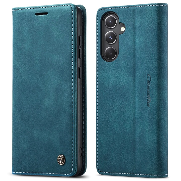 Калъф за Samsung Galaxy S23 FE, CaseMe, слим кожа, тип портфейл, стойка, магнитно закопчаване, кадифена текстура, бордо