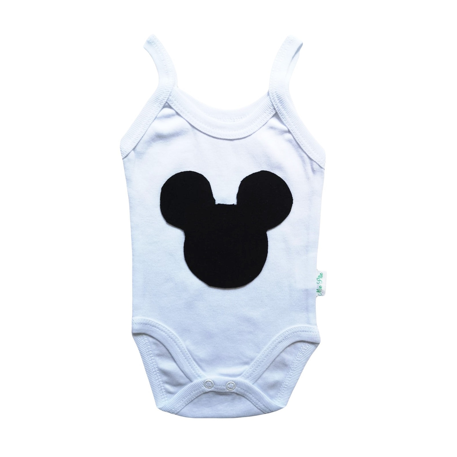 Body Mic Pitic BD36 tip maiou cu bretele si aplicatie textila Soricel negru cu urechi , alb, 56 cm