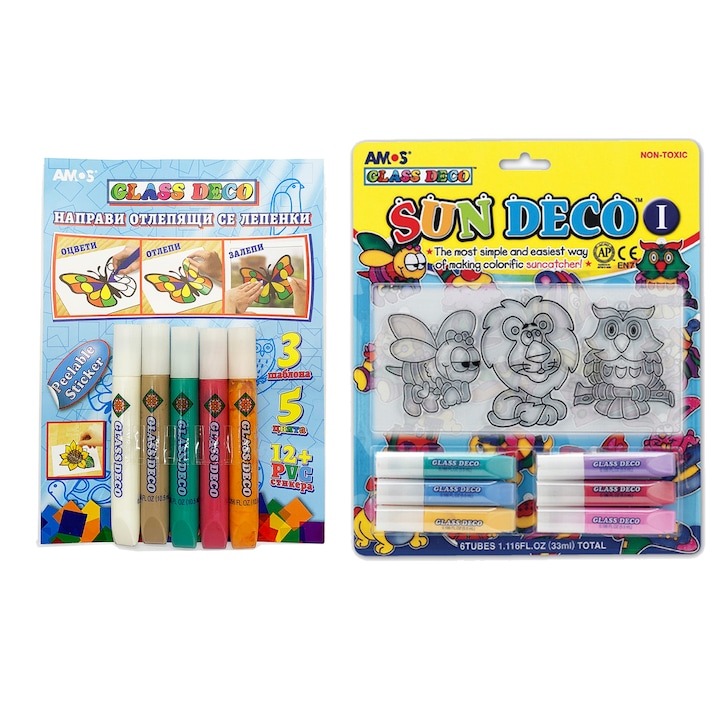 Комплект креативна игра AMOS Glass deco и Sun deco вълшебни боички 500185-009350, Направи отлепящи се лепенки и Слънцеуловител, 11 бр боички