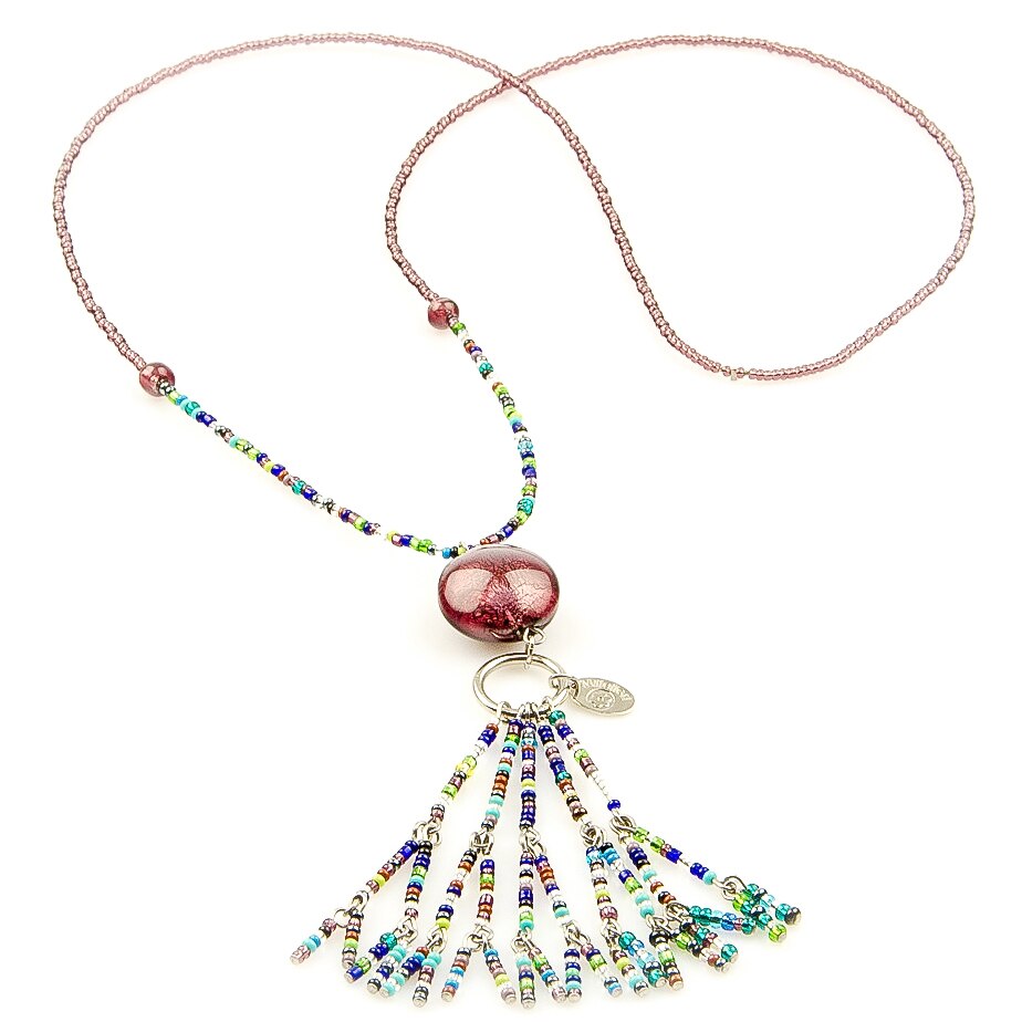 Colier Khumari din sticla de Murano, mov, montura argintie, MilleFiori