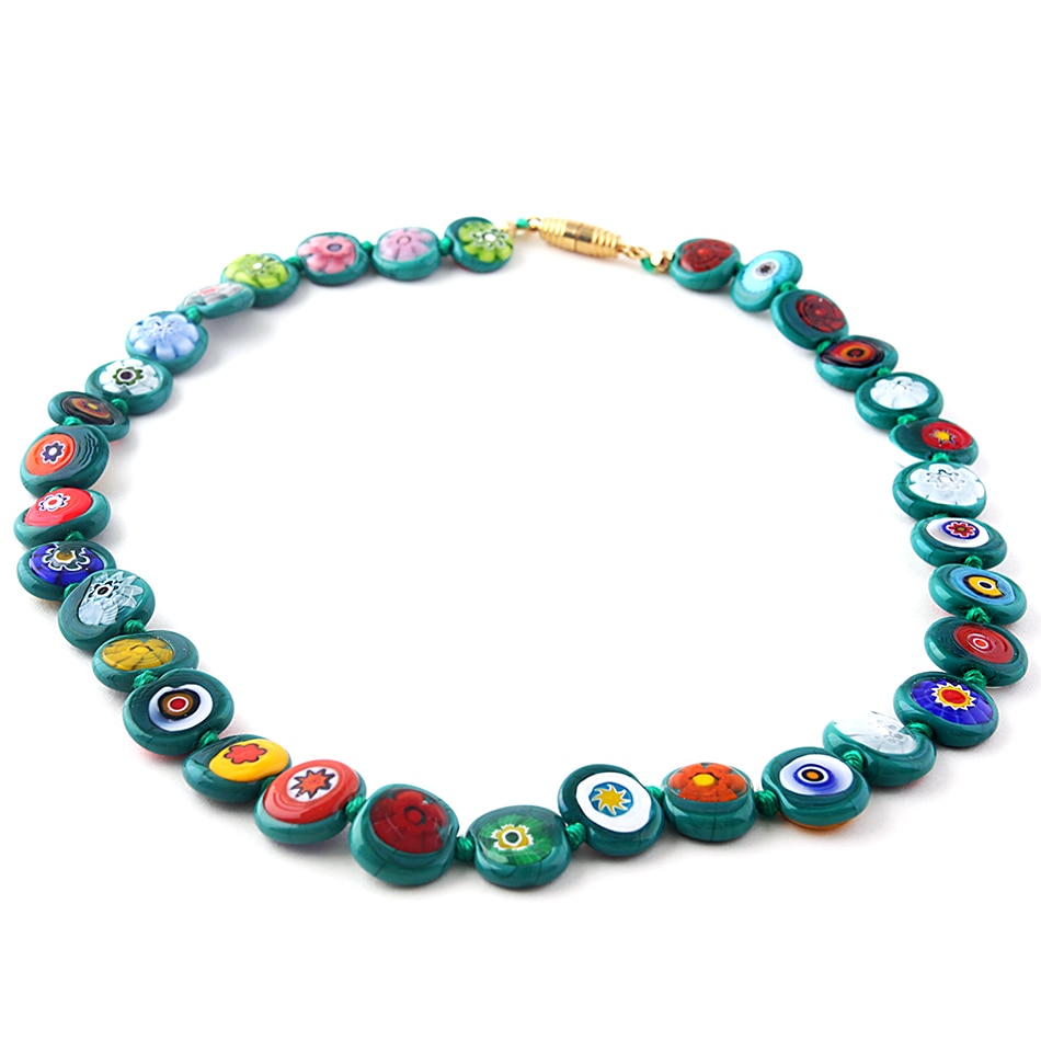 Colier GIOVANE verde cu murine multicolore din sticla de Murano, 40 cm, Bijuterii Original Murano