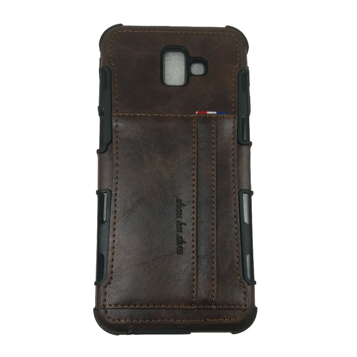 Husa de protectie compatibila cu Samsung J6 Plus silicon cu imitatie din piele Maro suport carduri carcasa antisoc