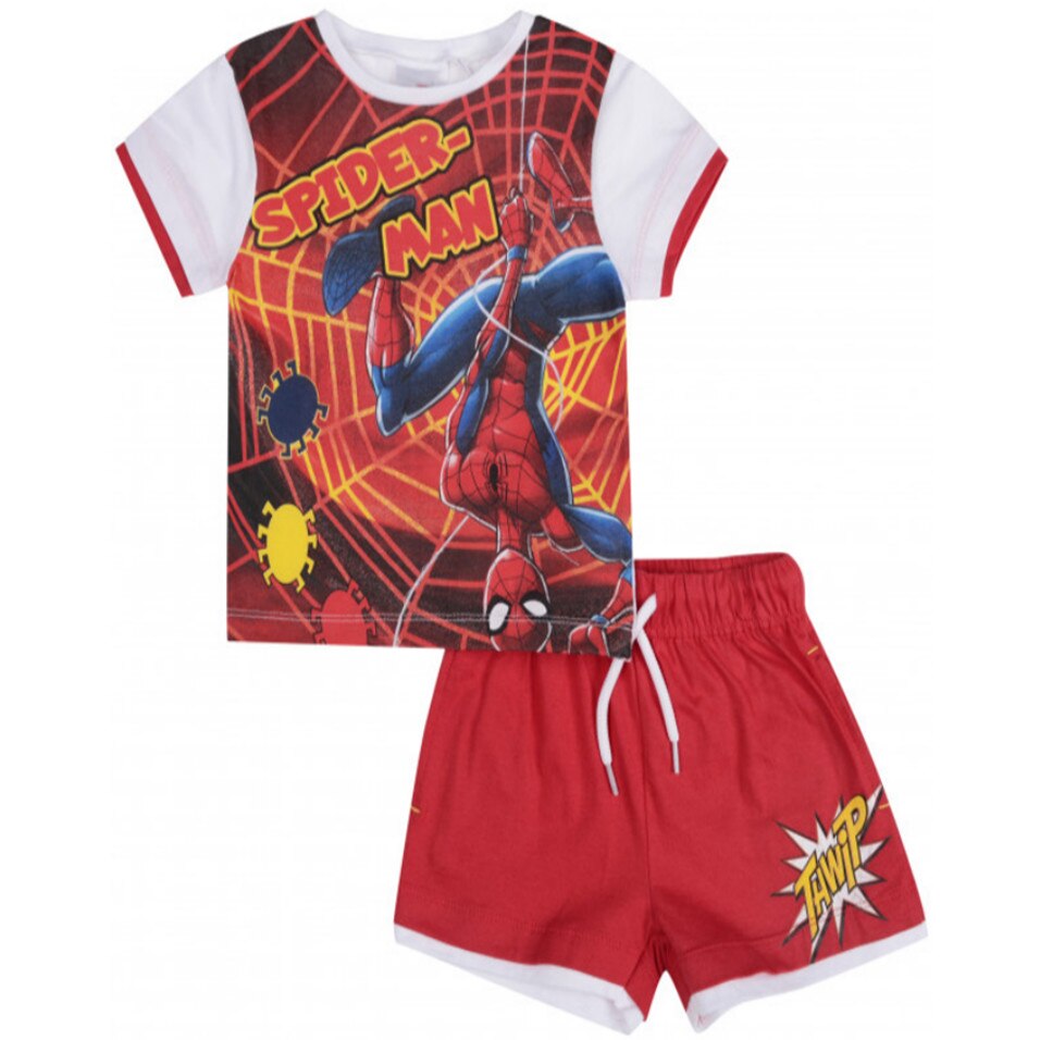 Set 2 piese, tricou si pantalon scurt, Spiderman, Alb/Rosu