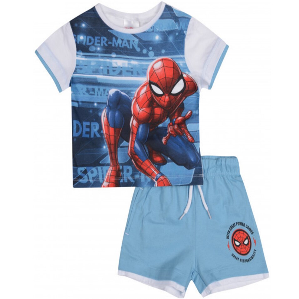 Set 2 piese, tricou si pantalon scurt, Spiderman, Alb/Albastru