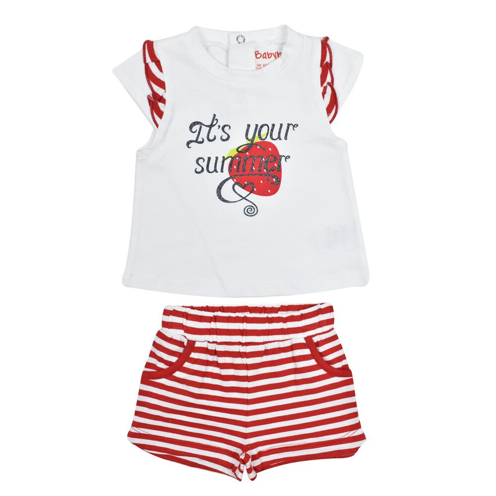 Set 2 piese fetita, tricou cu sort dungi rosii, Babybol, alb
