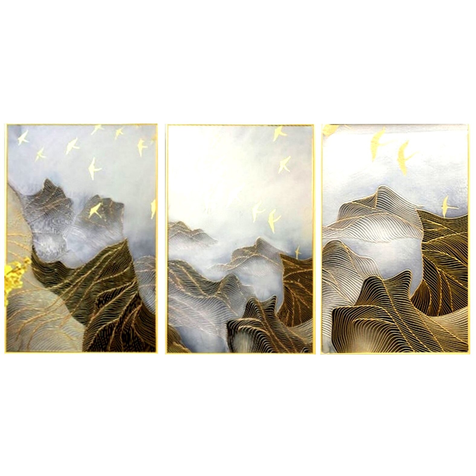 Tablou abstract 3D, dimensiune 135x65 cm, tehnica pictura texturata in cutit cu elemente reliefate din foita de aur 24K