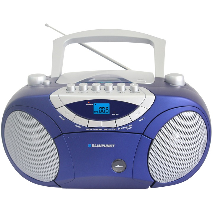 CD плейър Blaupunkt Microsystem, 2 x 2 W RMS, LCD дисплей, FM радио, телескопична антена, USB порт, класически дизайн, син