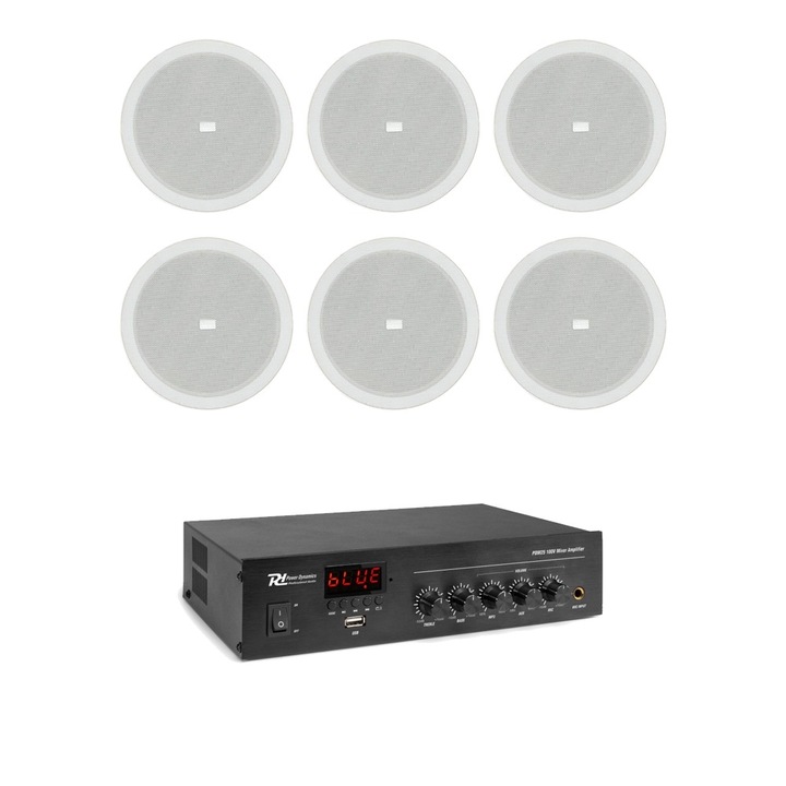 Sistem Audio Pentru Birouri, Cabinete Medicale, Cofetarii cu 6 difuzoare incastrabile albe, USB, Card, Bluetooth, FM-radio