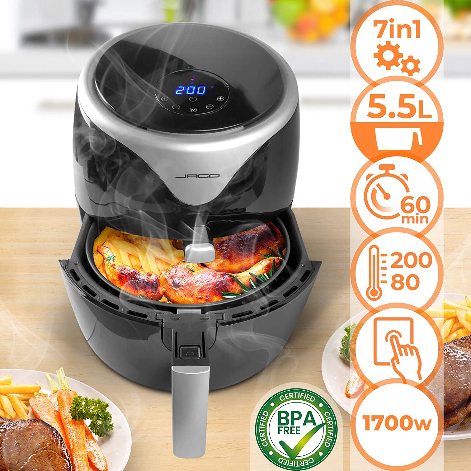 finance In fact Humiliate Friteuza cu aer cald, Airfryer Deluxe, 5,5litri, Led touch screen +7  programe,Jago - eMAG.ro